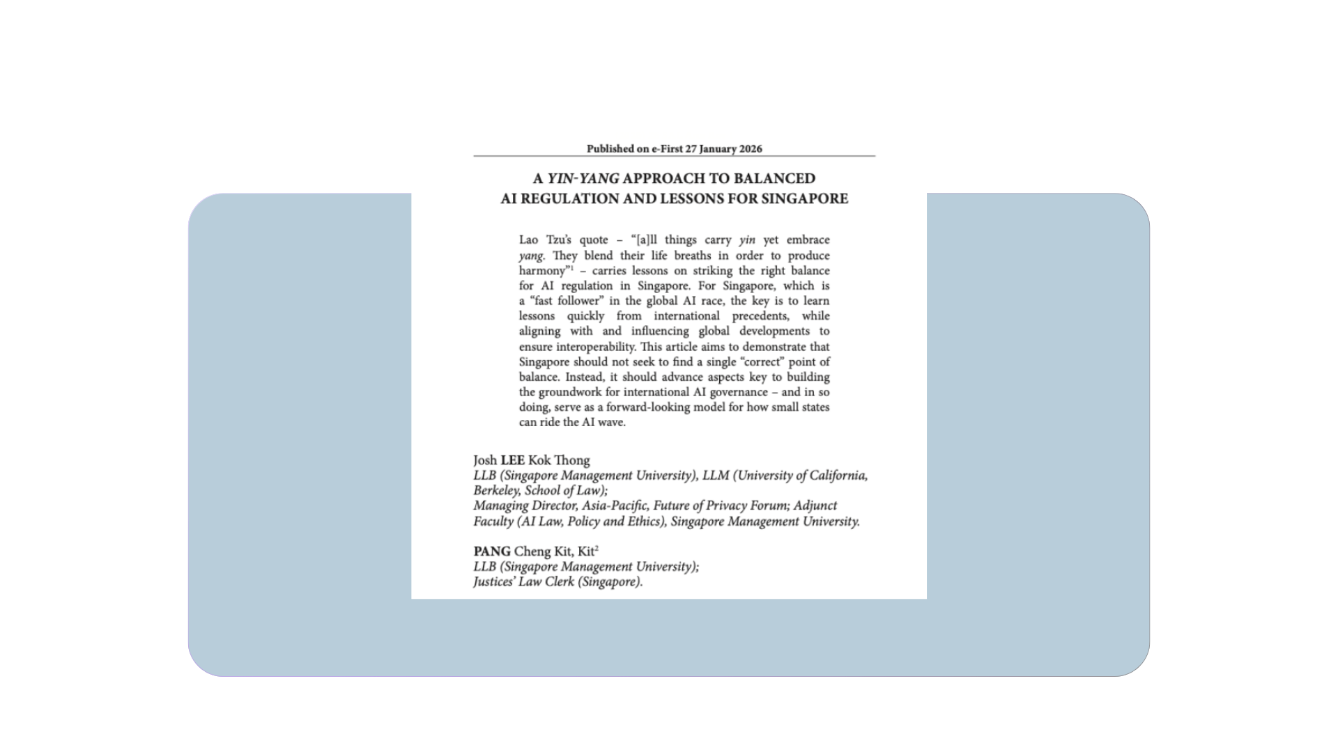 【期刊分享】A Yin-Yang Approach to Balanced AI Regulation and Lessons for Singapore